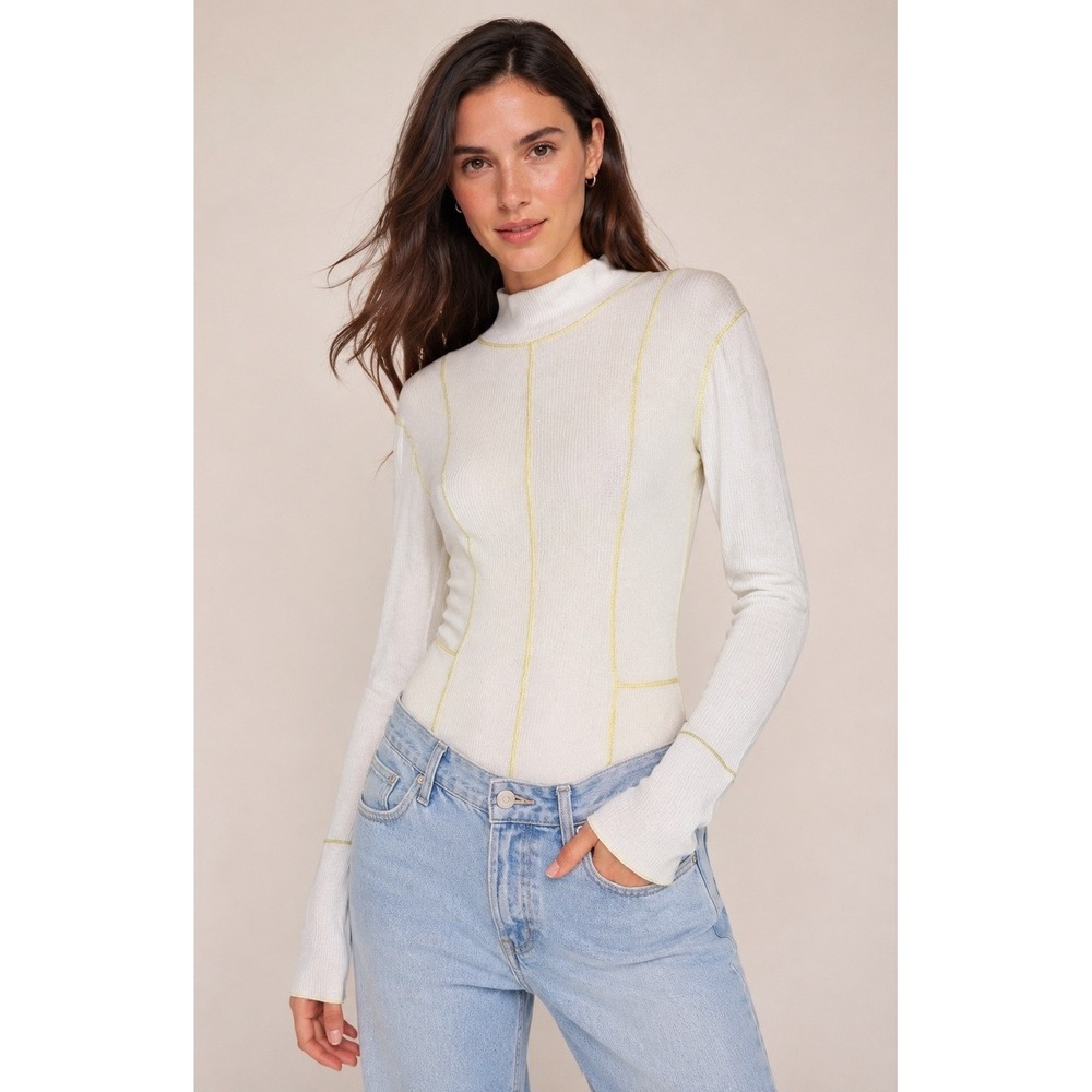 Free People Out of This World Bodysuit Women Small Ivory Yellow Ribbed Knit Boho